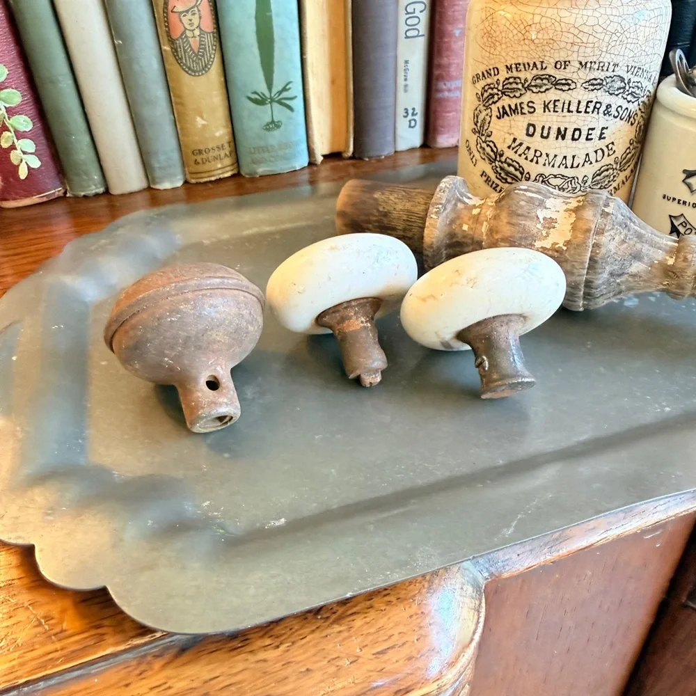 Set of 3 Antique Porcelain and Brass Door Knobs